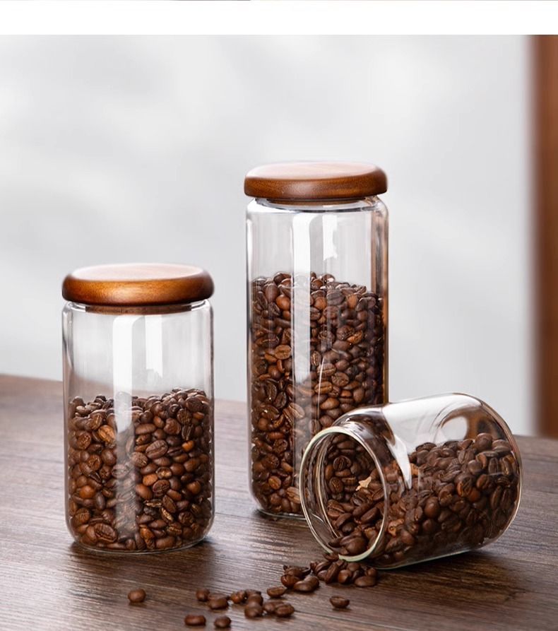 Barattolo sigillato in vetro trasparente con coperchio rotondo in stile giapponese per chicchi di caffè, polvere di tè, foglie di tè, frutta secca, erbe aromatiche_voghion.com