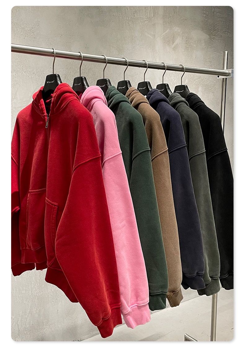 BE Men's Clothing|2025 European And American Retro Washed Vintage Boxy Fit Fleece-Lined Hooded Sweatshirt Double-Zip_voghion.com