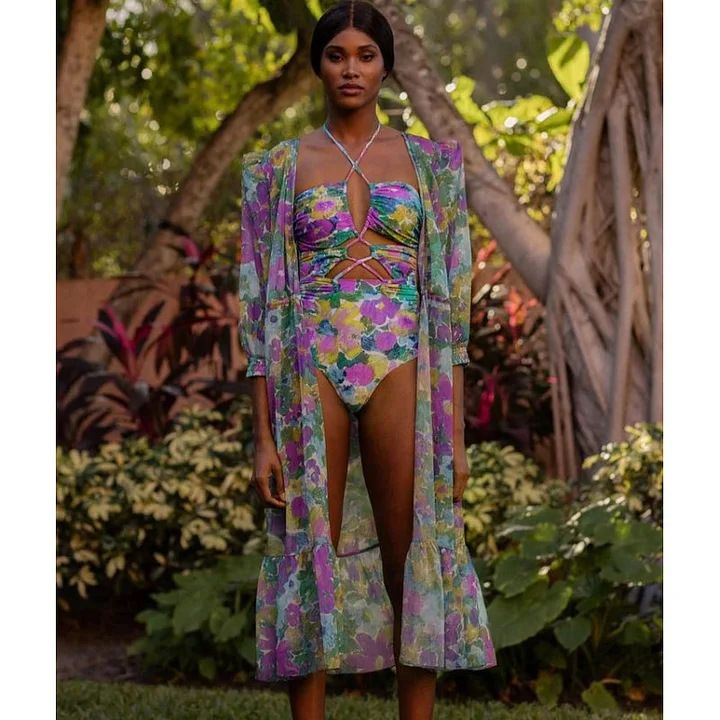 Maillot de bain une pièce pour femme, ensemble maillot de bain une pièce à imprimé ajouré, col licou et jupe parapluie_voghion.com