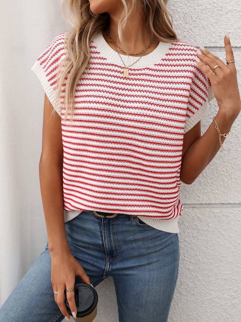 Suéter feminino casual listrado de malha, gola redonda, boêmio, solto, com detalhes em crochê, manga 3/4, pulôver_voghion.com