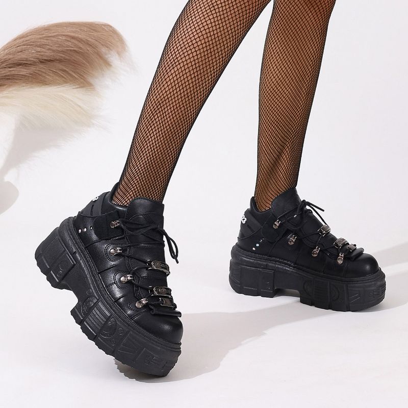 Scarpe stringate alte con plateau spesso da donna - Stivali alla moda in pelle PU con punta tonda, dettagli in metallo e suola in gomma spessa_voghion.com