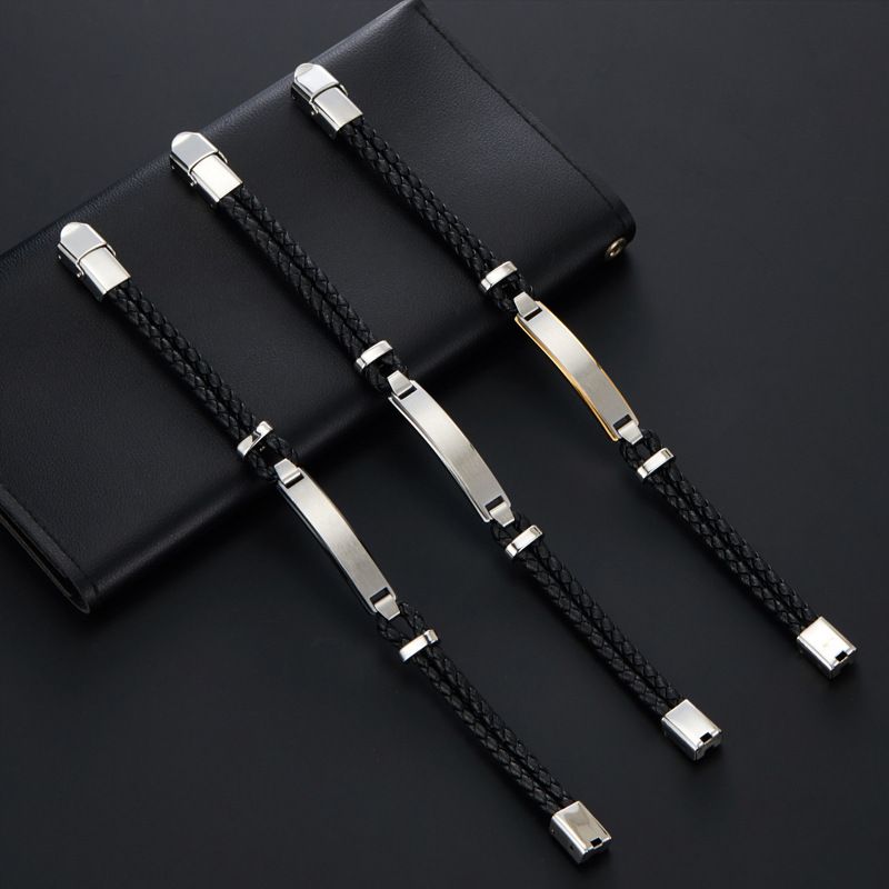 Bracciale intrecciato multistrato personalizzato da uomo in acciaio inossidabile con etichetta curva, cinturino in pelle_voghion.com