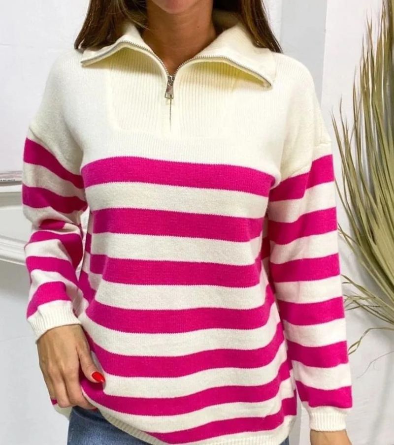 Half rits revers contrasterende kleur losse plus gestreepte gebreide trui jas brede streep_voghion.com