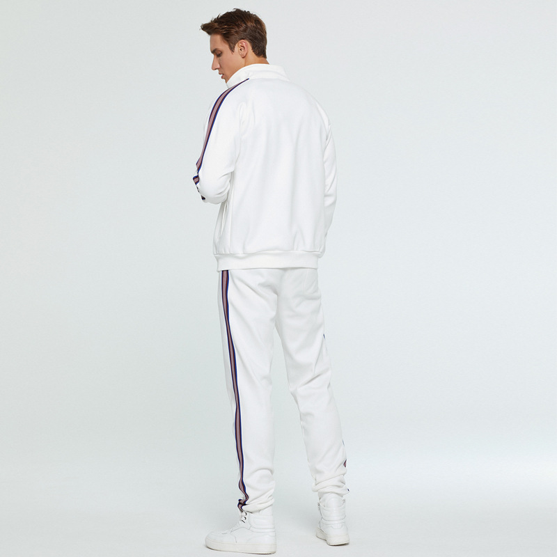 Herrenbekleidung Langarm Sport Zweiteiliger Reißverschluss Kontrastierende bedruckte Linie Mode Lässiger und bequemer Anzug_voghion.com