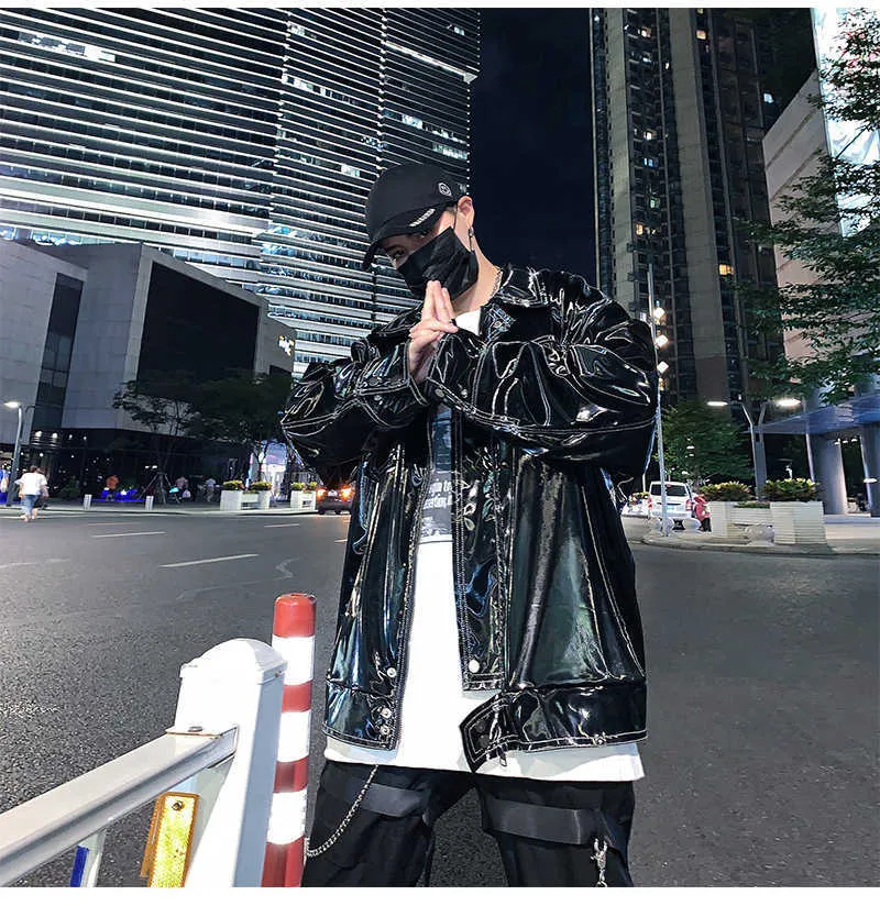 Giacca da uomo in finto Mauroicardi autunno oversize riflettente in vernice lucida con tasche a maniche lunghe 2022 gotico allentato_voghion.com
