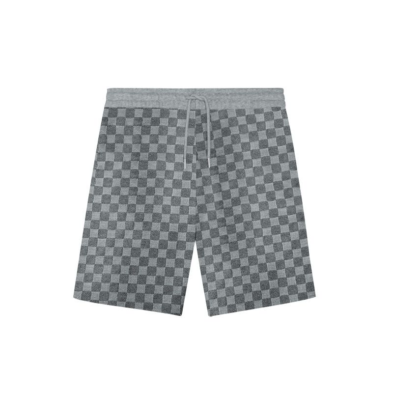 Herrenbekleidung Rundhals-Shirt Langarm-Shorts-Anzug lockerer lässiger Schachbrett-Sport-Zweiteiler_voghion.com