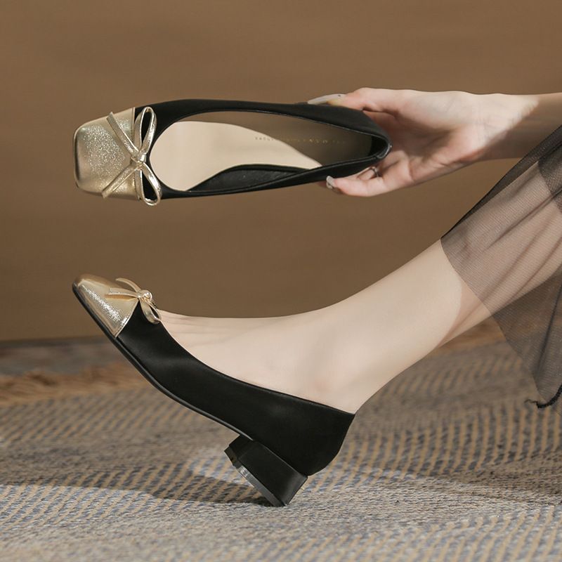 33503 Blockabsatz Square Toe Bowknot 2025 Patchwork Nischenstil Elegante Damen Herbst Einfache High Mid Heels_voghion.com