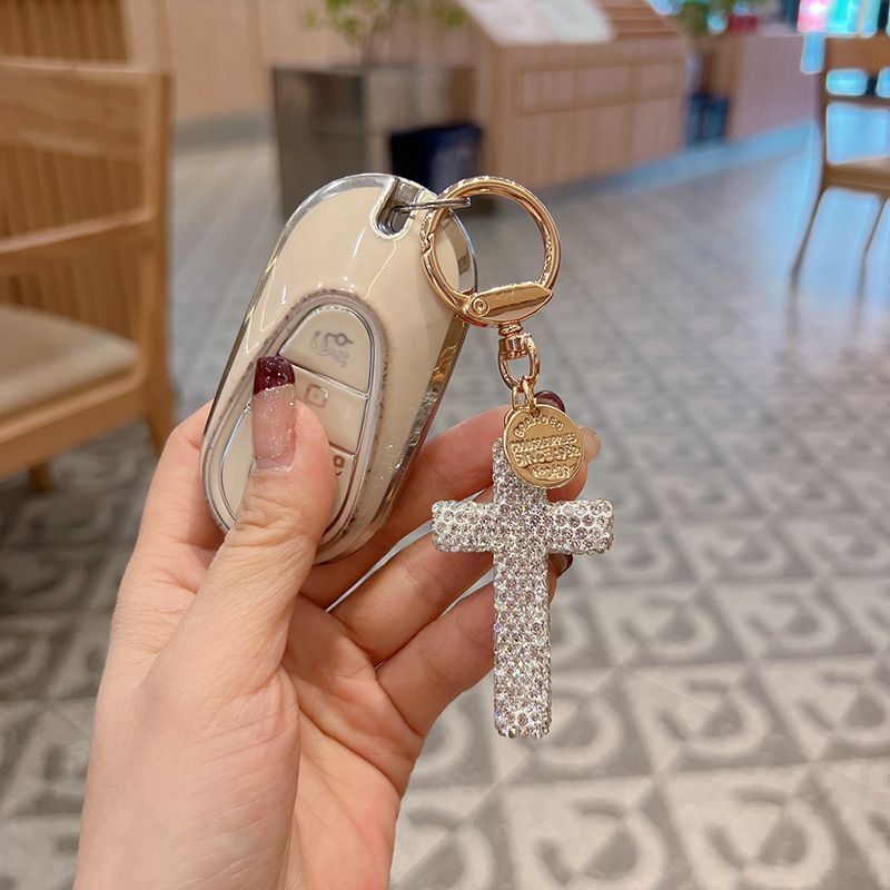 New Ceramic Clay Cross Keychain With Rhinestones, Creative Car Keychain, Unisex Pendant_voghion.com