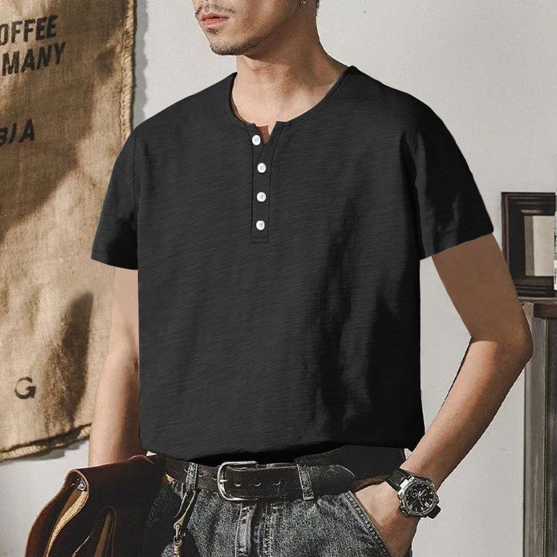 Maglietta da uomo in bambù, casual, estiva, con colletto Henley, stile americano, taglie forti, a maniche corte, con bottoni_voghion.com