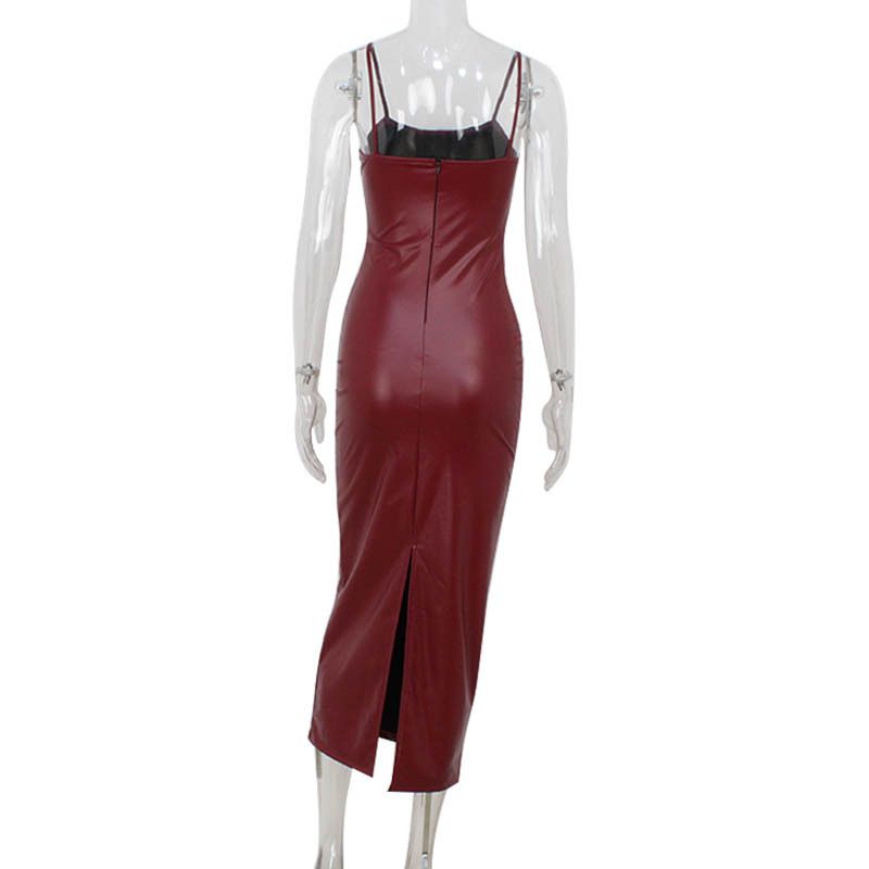 Robe porte-jarretelles en similicuir rouge vin pour femme – Mini-jupe moulante rétro à fente haute_voghion.com