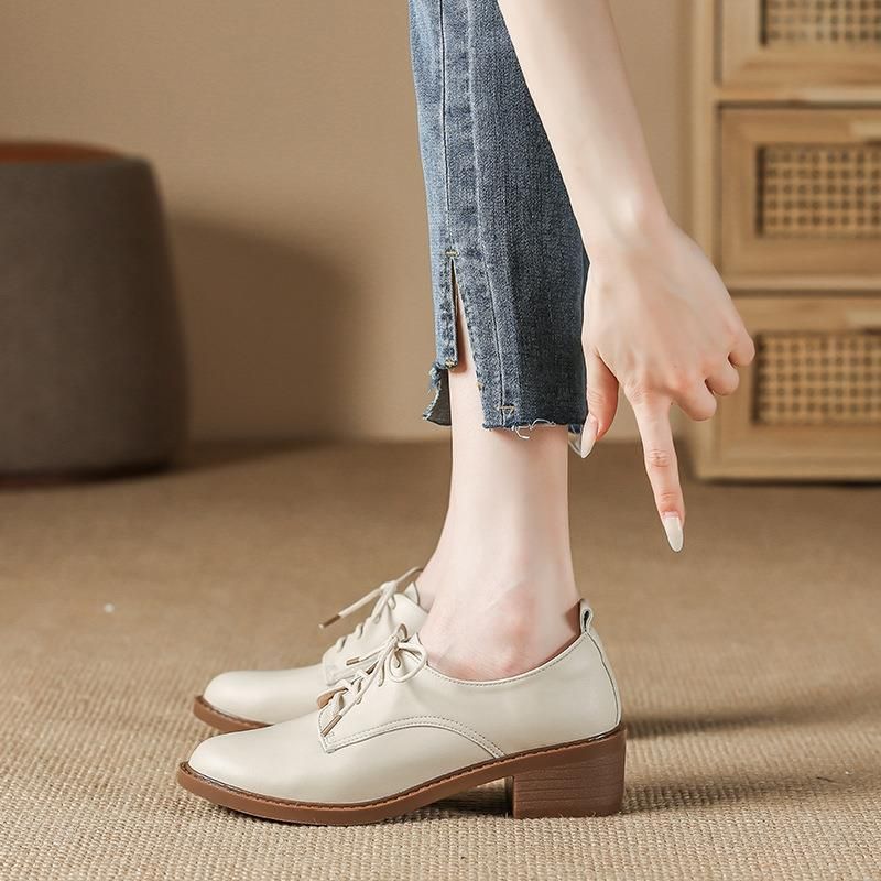 Minimalist Versatile Lace-up Genuine Leather Women's Soft Sole Spring Autumn Comfortable Simple Dress Work Chunky Heel_voghion.com