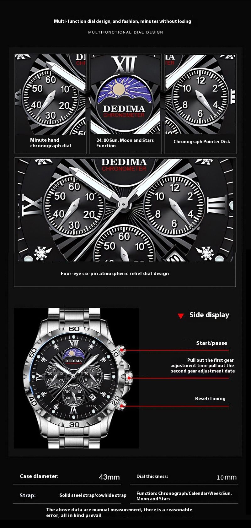 Four Eyes, Six Needles, Sun, Moon, And Stars Multi Functional Diamond Inlaid Waterproof Glow Fashion Men's Watch Solid_voghion.com