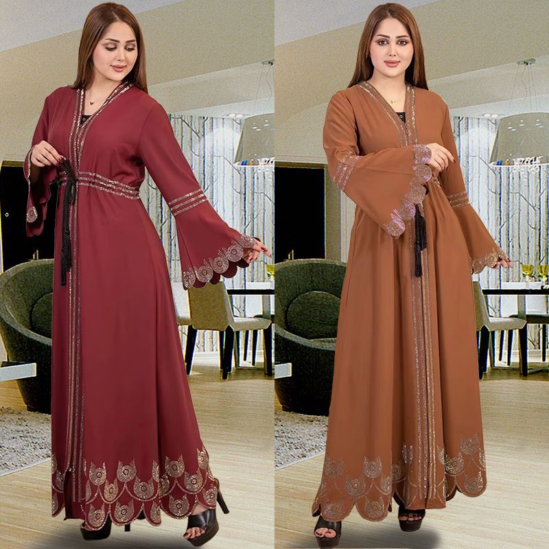 9007 Muslim Abaya Arab Kaftan Plus Size Women's Dress With Flared Long Sleeves_voghion.com
