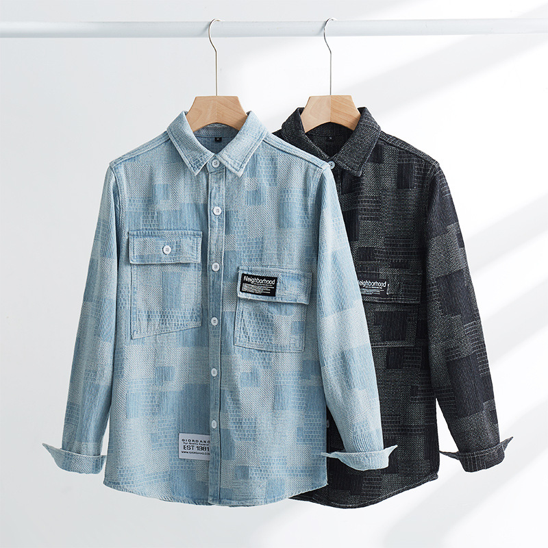 Cross border jacquard long sleeved workwear shirt for men's autumn loose fashion label flip collar casual denim shirt jacket for foreign trade_voghion.com