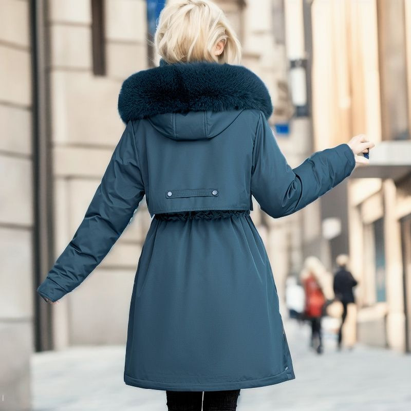 Giacca a vento lunga e slim da donna in autunno e inverno, nuovo collo in pelliccia foderata in cotone staccabile_voghion.com