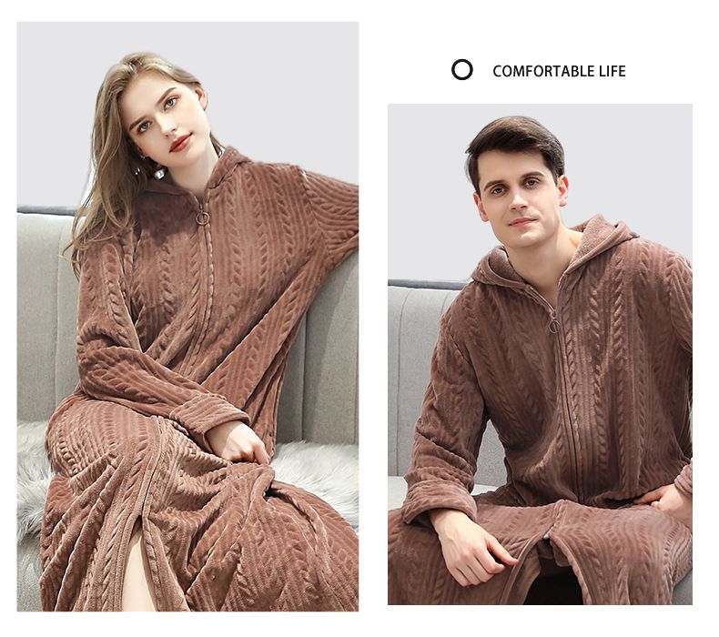 Cozy Fleece Zip-Up Hooded Bathrobe For Women & Men - Winter Long Sleepwear, Soft Flannel Loungewear, Unisex Sizes M-XL, Multiple Colors_voghion.com