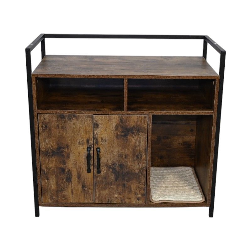 Rustic Brown Wooden Cat Litter Box Enclosure, Spacious Hidden Cat Litter Box With Scratching Mat Furniture For Bedroom, Bathroom, Living Room-31.9"x17.7"x31.4", 61 Lbs_voghion.com