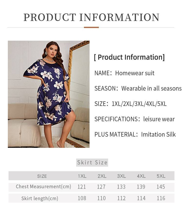 Piżamy damskie plus-size, średniej lub długiej długości, wzorzysta sukienka typu pullover. To nowy styl odzieży domowej na lato, jedwabna i lodowa jedwabna koszula nocna._voghion.com