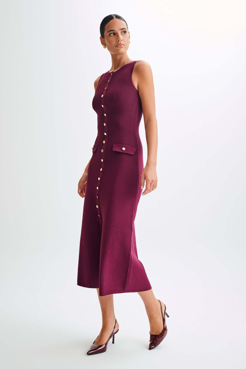 Elegantes Strickkleid ärmelloses Knopfkleid langer Rock_voghion.com