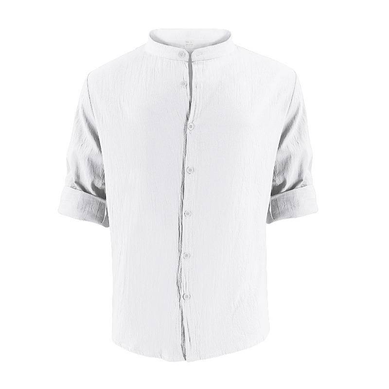 Camicia hawaiana a maniche lunghe, semplice, casual, in lino, traspirante, da uomo, estiva, con pantaloncini da spiaggia._voghion.com