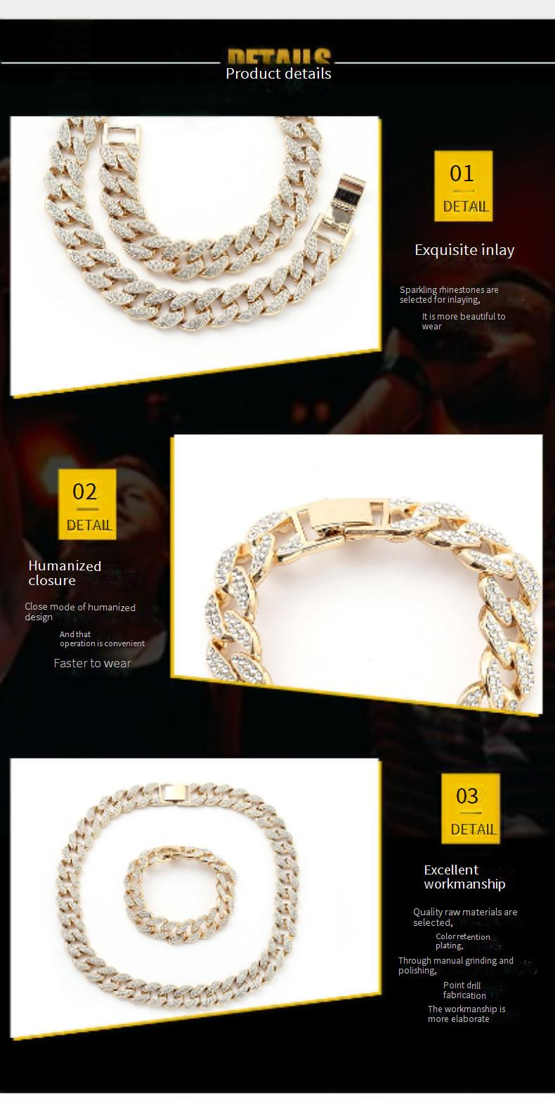 Set di gioielli da uomo alla moda, di alta qualità, con collana cubana in filo piatto Hip Hop da 15 mm, bracciale con strass._voghion.com