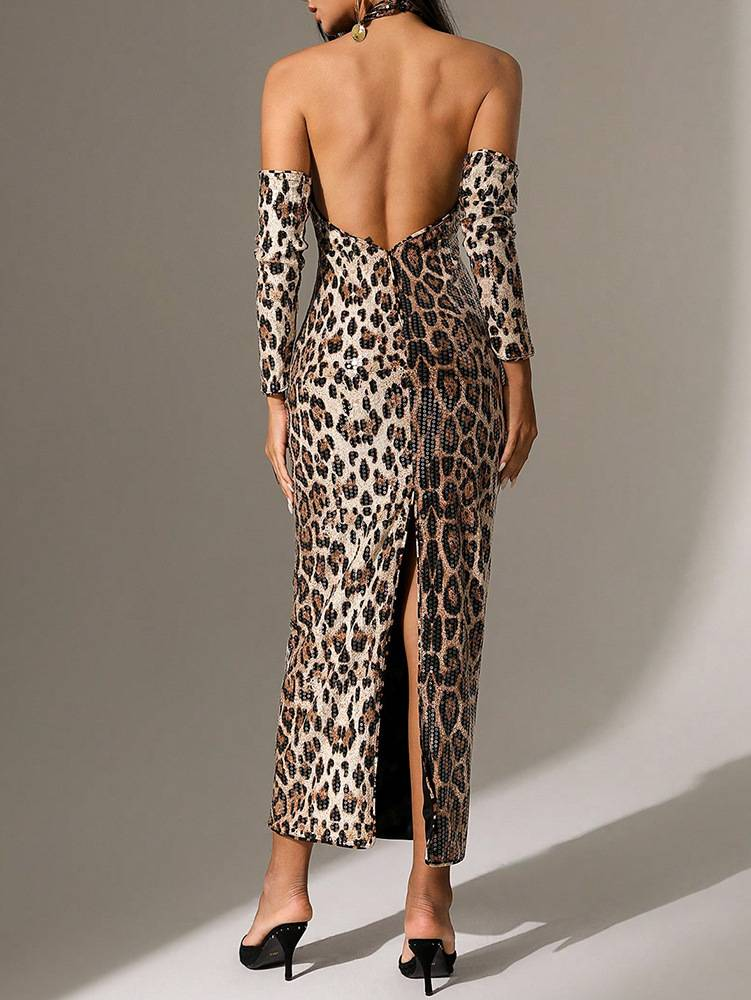 Női ruházat Leopárdmintás Szexi Ruha Flitteres Üreges Pántnélküli Hát nélküli Hasított Ujjak Bankett Stílusú Ruha_voghion.com