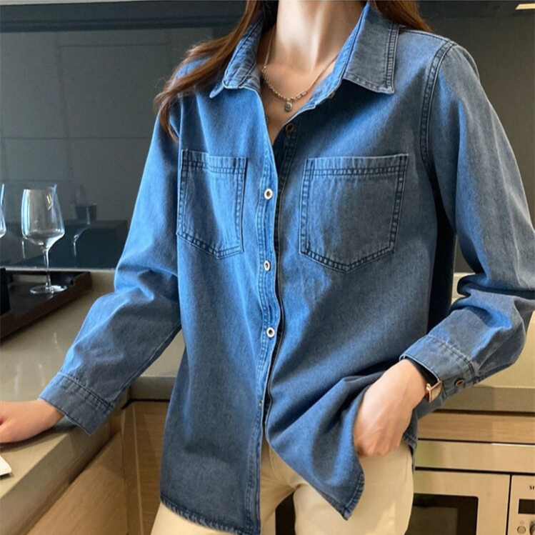 Vintage Jeanshemd im Hong Kong-Stil für Damen – Retro-blaues Oversized-Button-Down-Shirt mit klassischem Kragen, Freizeit- und Bürokleidung_voghion.com