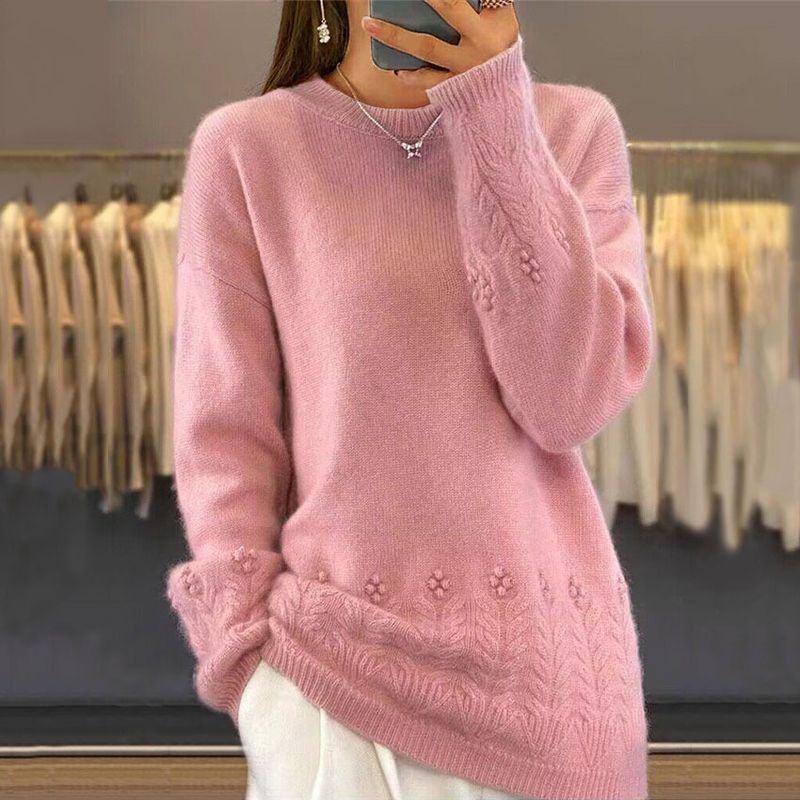 Damenbekleidung Strickpullover Herbst Winter Rundhals Einfarbig Vintage Häkelpullover Top_voghion.com