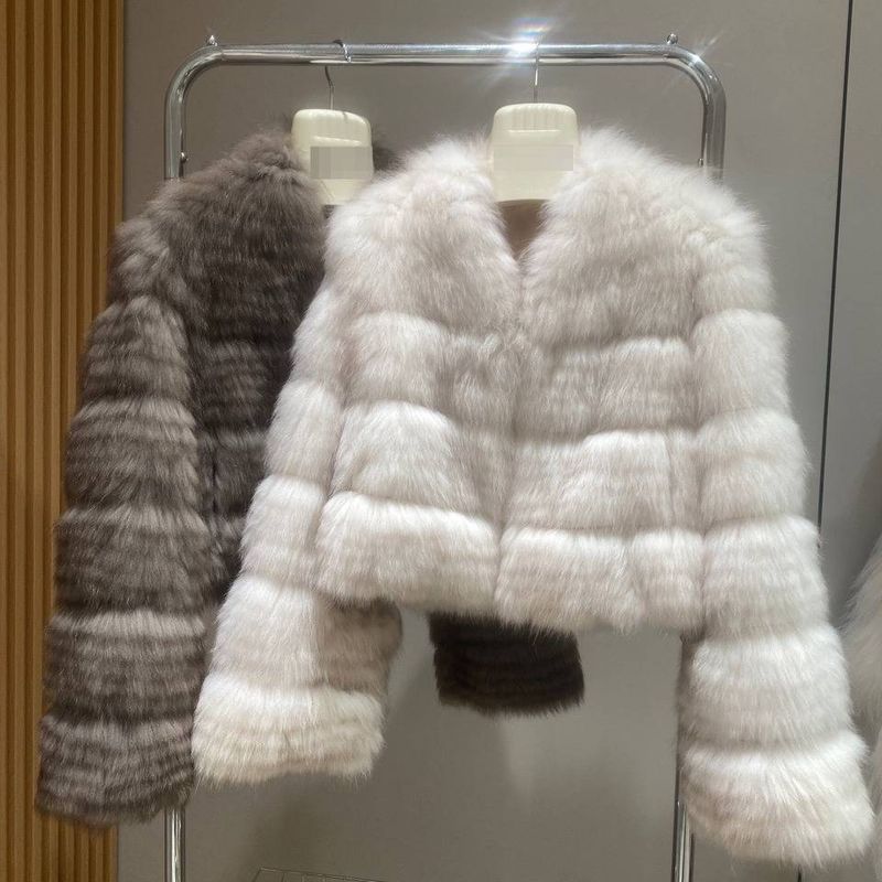 Damenbekleidung Fuchspelzmantel für Damen – Leichte Wintermode, weich und luxuriös, vielseitige Oberbekleidung (Creme, Braun, Einheitsgröße)_voghion.com