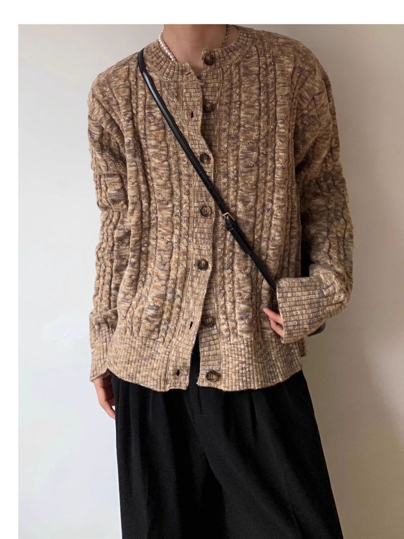 Oversized Knit Cardigan – Vintage Cable Stitch, Unisex Relaxed Fit (Walnut Brown, M-3XL)_voghion.com