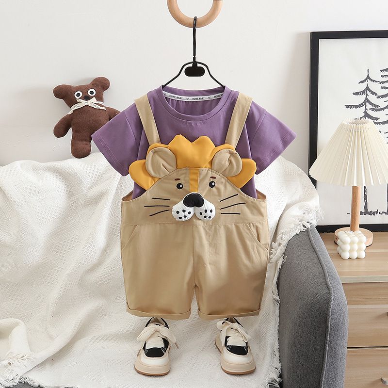 Nuovi completi estivi a maniche corte per bambini e bambine, pantaloncini con bretelle in stile coreano casual tridimensionale con cartoni animati, stile coreano, due pezzi._voghion.com