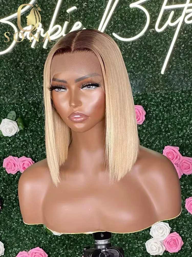 Ombre Honig Blonde Bob Perücke Kurze HD Transparent Spitze Vorne Echthaar Perücken Braun Wurzel_voghion.com