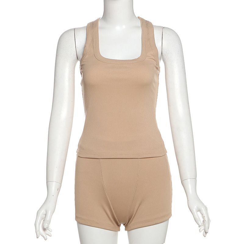 Damenbekleidung Herbstmode Lässig Rundhals Einfarbig Slim Fit I-förmige Weste Hohe Taille Shorts Anzug_voghion.com