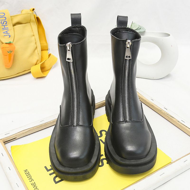 Große Martin-Stiefel mit dicker Sohle und kurzem Bein für Damen, neues Modell 2024, Reißverschluss vorne, runde Zehenpartie, niedriger Absatz, Frühling und Herbst_voghion.com