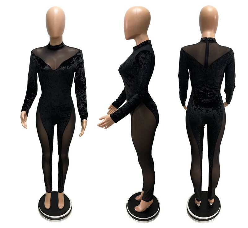 Women's long sleeve mesh stitching see-through jumpsuit_voghion.com