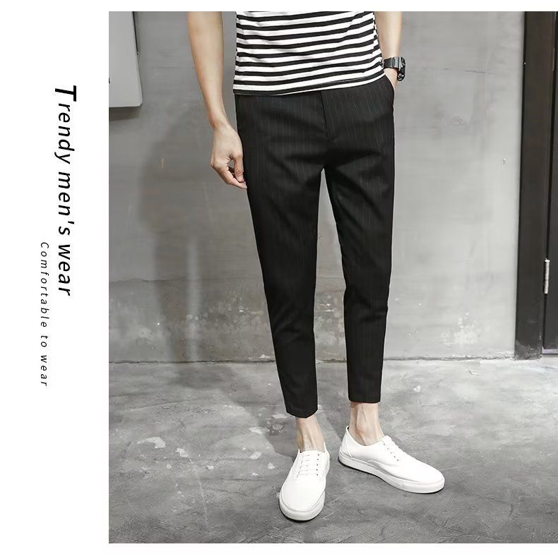 Men's Clothing slim fitting suit trousers for spring and summer, tall suit trousers with slim feet and vertical stripes, casual trousers for men_voghion.com