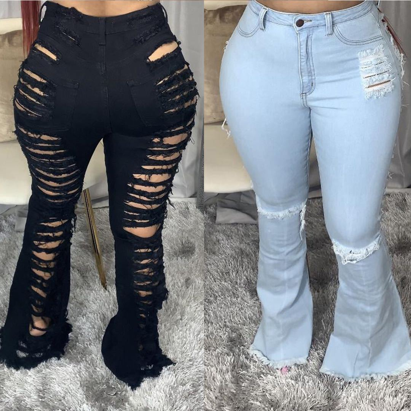 Roupas femininas tendência da moda personalidade rasgada calças largas elásticas_voghion.com