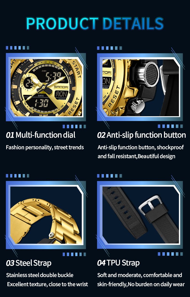 Digital Analog Dual Display Sport Watch With LED Backlight, Waterproof, Stopwatch, Alarm, Countdown For Outdoor, Business, Casual Business Watch_voghion.com