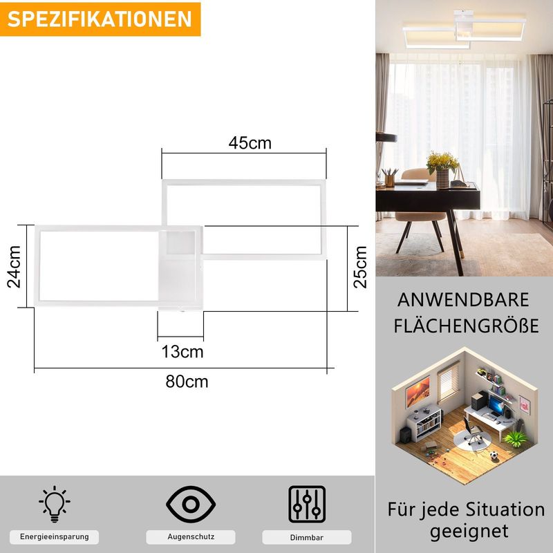 Glitzerlife LED Deckenleuchte Weiß Deckenlampe - Modern Dimmbar 80CM Wohnzimmerlampe Mit Fernbedienung 48W Schlafzimmerlampe Rechteck Metall-Design Für Küche_voghion.com