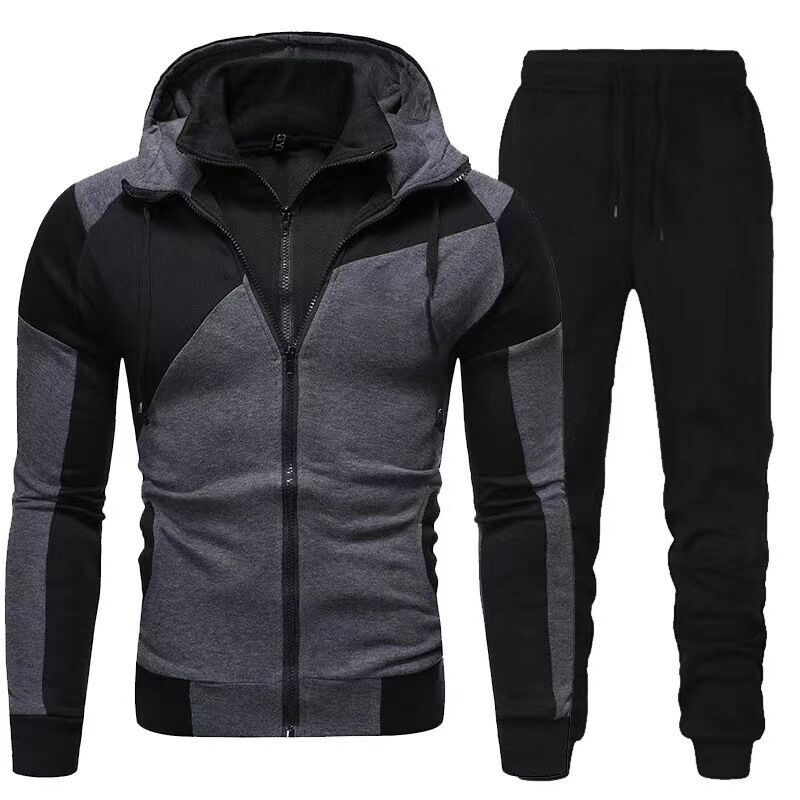 New OZON Men's Personalized Splice Double Layer Zipper Hoodie European Size Fashion Casual Exercise Set for Men_voghion.com