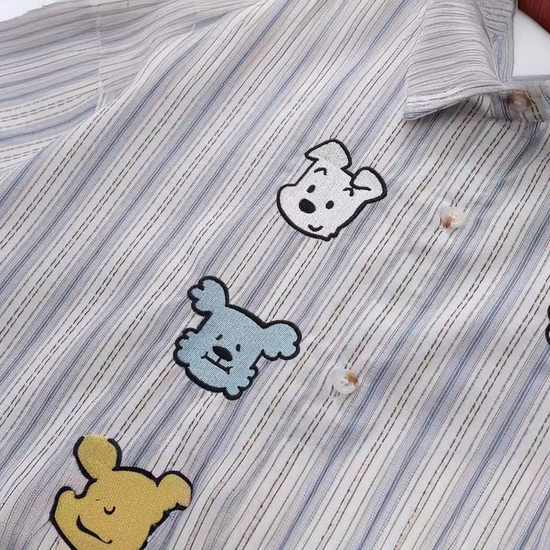 Fun Dog Embroidered Striped Short For Men And Women Street Trendy Loose Couple Half Sleeve Shirt_voghion.com