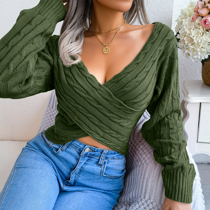 Women Sexy Wrap V Neck Cross Front Pullover Sweater Slim Long Sleeve Solid Color Ribbed Knitted Knitwear Jumper Crop Top_voghion.com