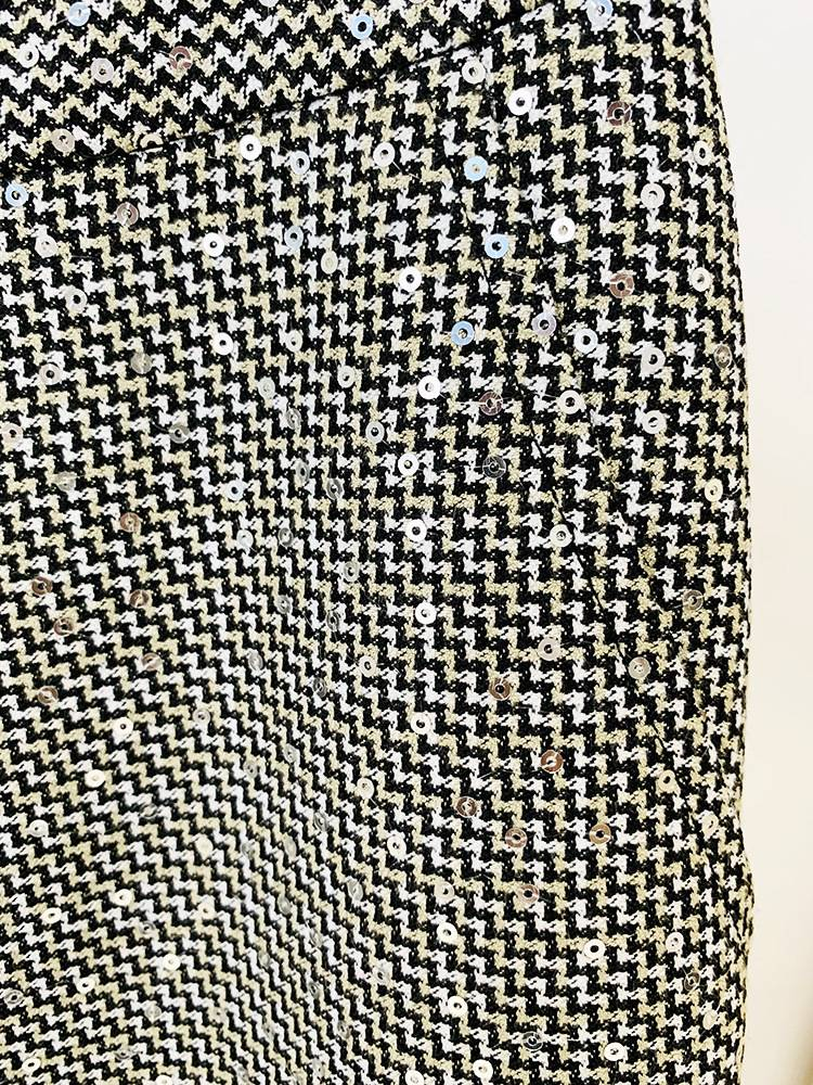 Conjunto de dos piezas de pantalón de traje a juego de color a cuadros pequeños con lentejuelas de temperamento para mujer_voghion.com