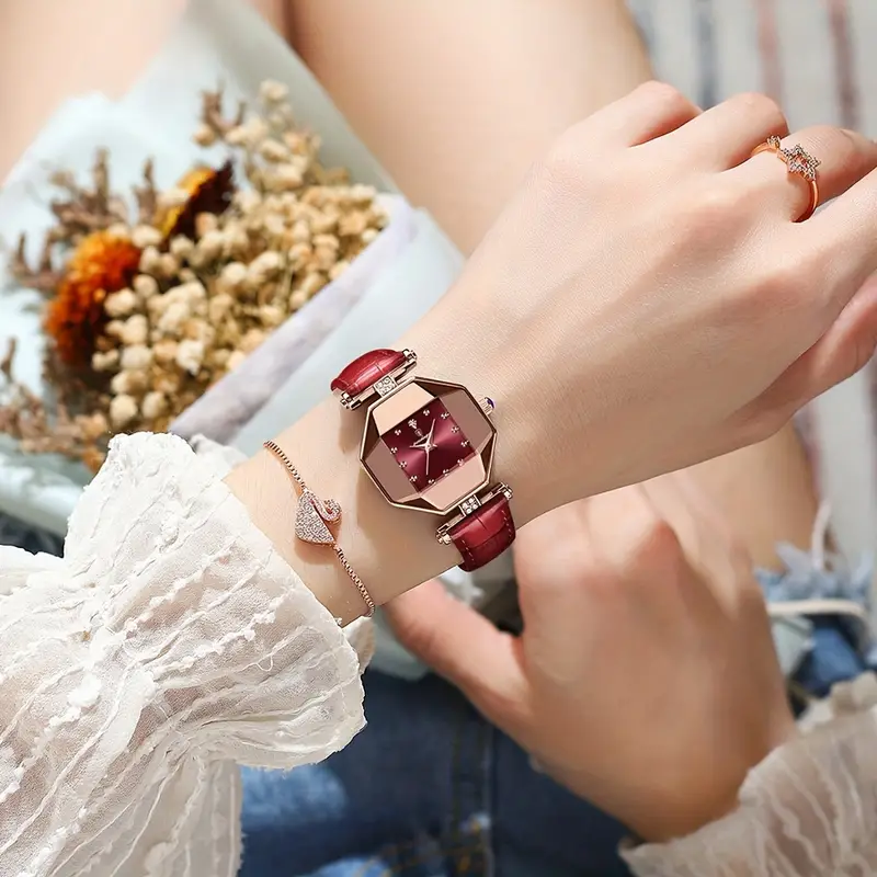 OLEVS Women's Luxury Polygon Pointer Quartz Watch Retro Dial Cutting Watch Waterproof Fashion Analog PU Leather Wrist Watch_voghion.com