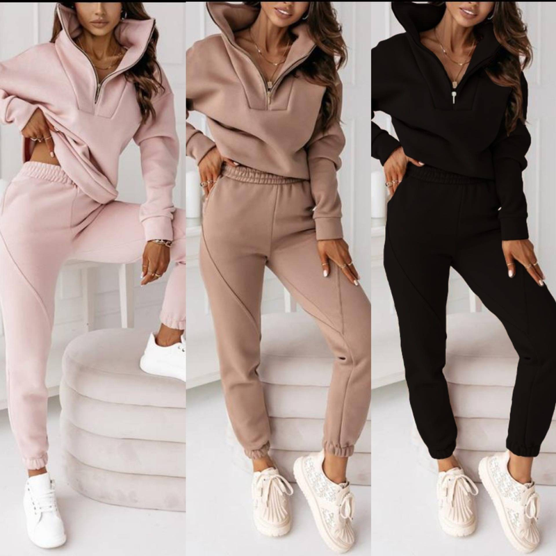 Damenbekleidung Samt-Sweatshirt Stehkragen Reißverschluss Jacke Nähte Hose_voghion.com