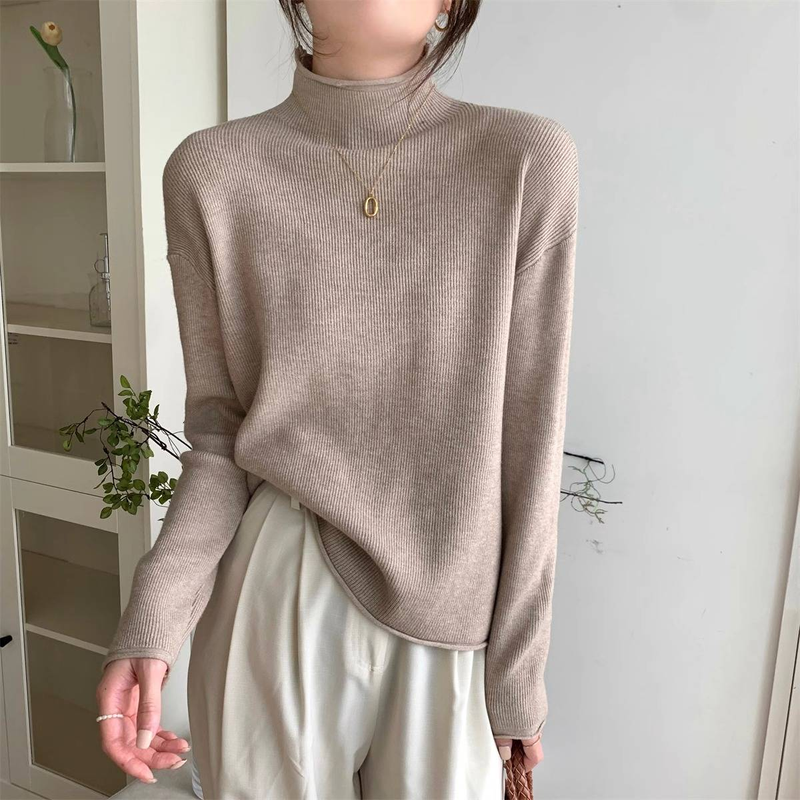 Large size chubby mm autumn new women's knitted shirt with half high collar, loose fit, long sleeved bottom, warm and slimming top_voghion.com