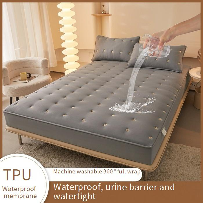 Parure de lit imperméable en coton lavé avec broderie, housse de matelas Queen et King, taies d'oreiller, hypoallergénique et respirante._voghion.com