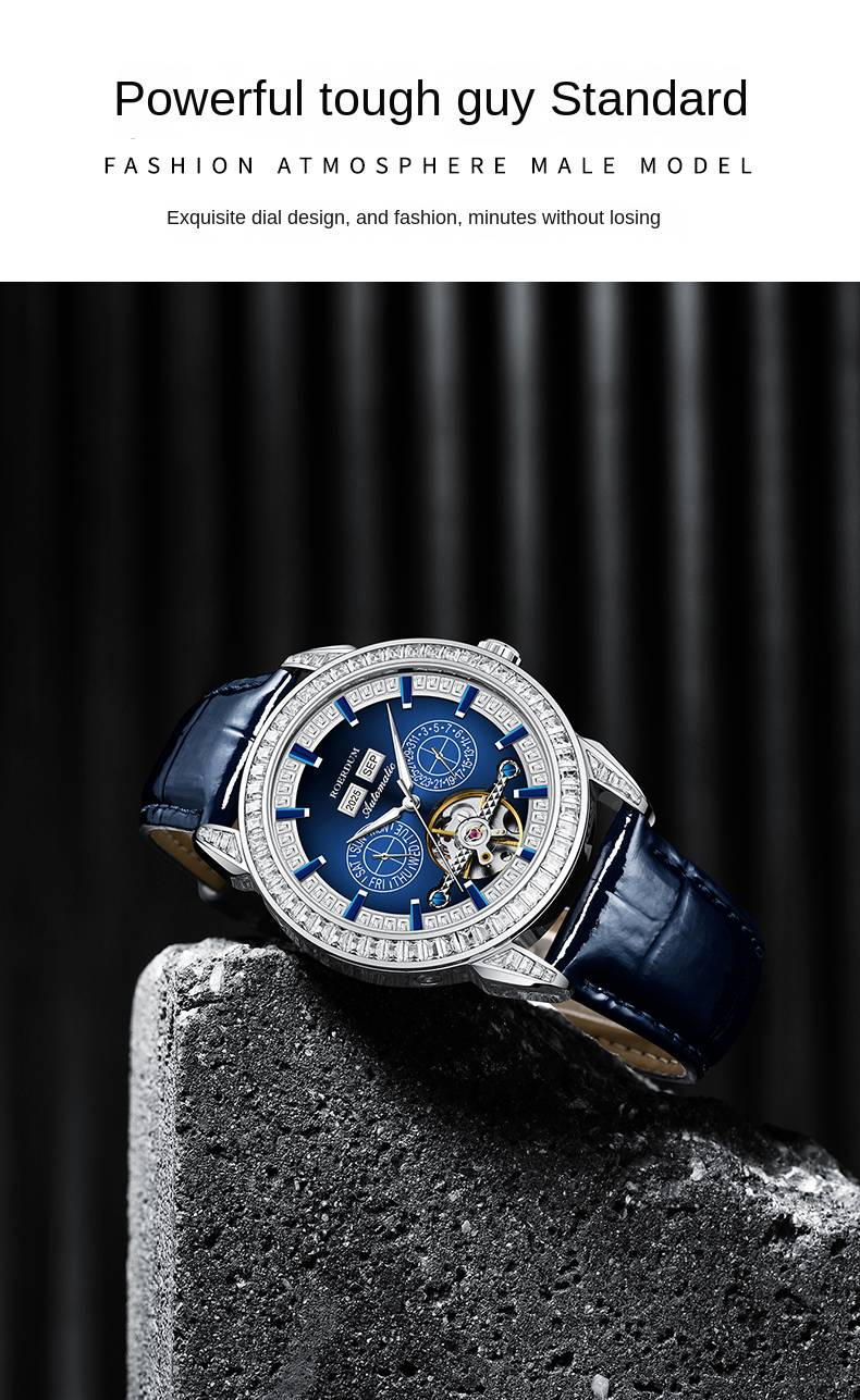 ROERDUM Pioneer Series – Leather Strap, Blue Triple Sub-Dial, Casual Fashion Men's Automatic Mechanical Watch_voghion.com