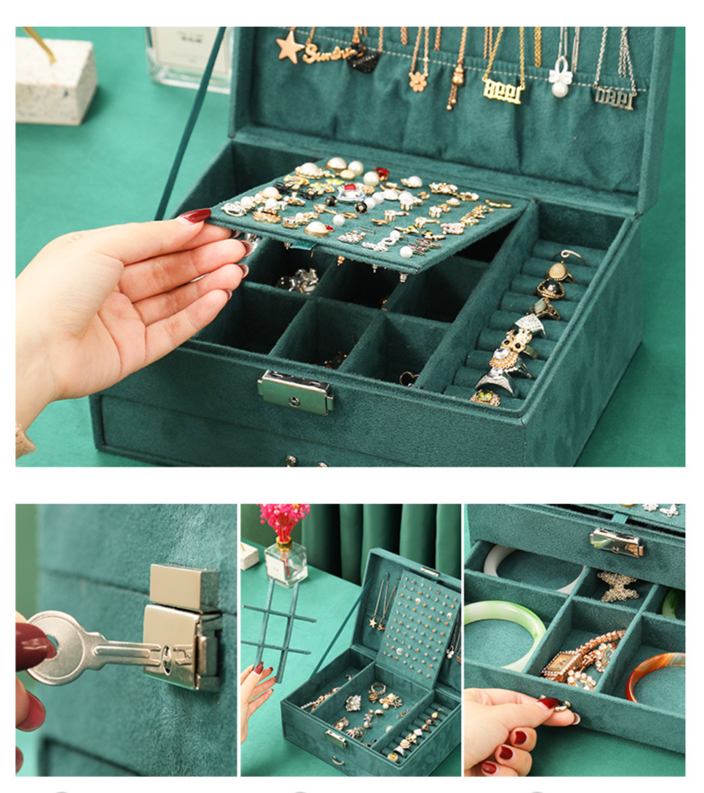 Vintage Velvet Jewelry Box With Multiple Layers - Large Capacity Storage For Rings, Necklaces & Earrings - Elegant Dark Green Cloth Organizer_voghion.com
