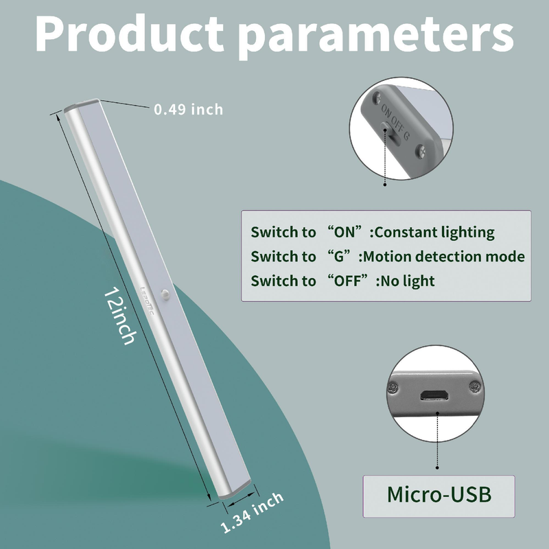 Lampe de placard à détecteur de mouvement 12 pouces, 52 LED blanc froid, rechargeable sans fil (lot de 2)_voghion.com